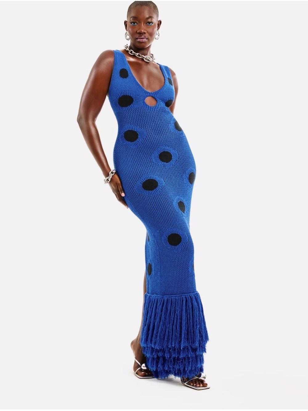 Hanifa Blue Polka Dot Knit Fringe Maxi Dress